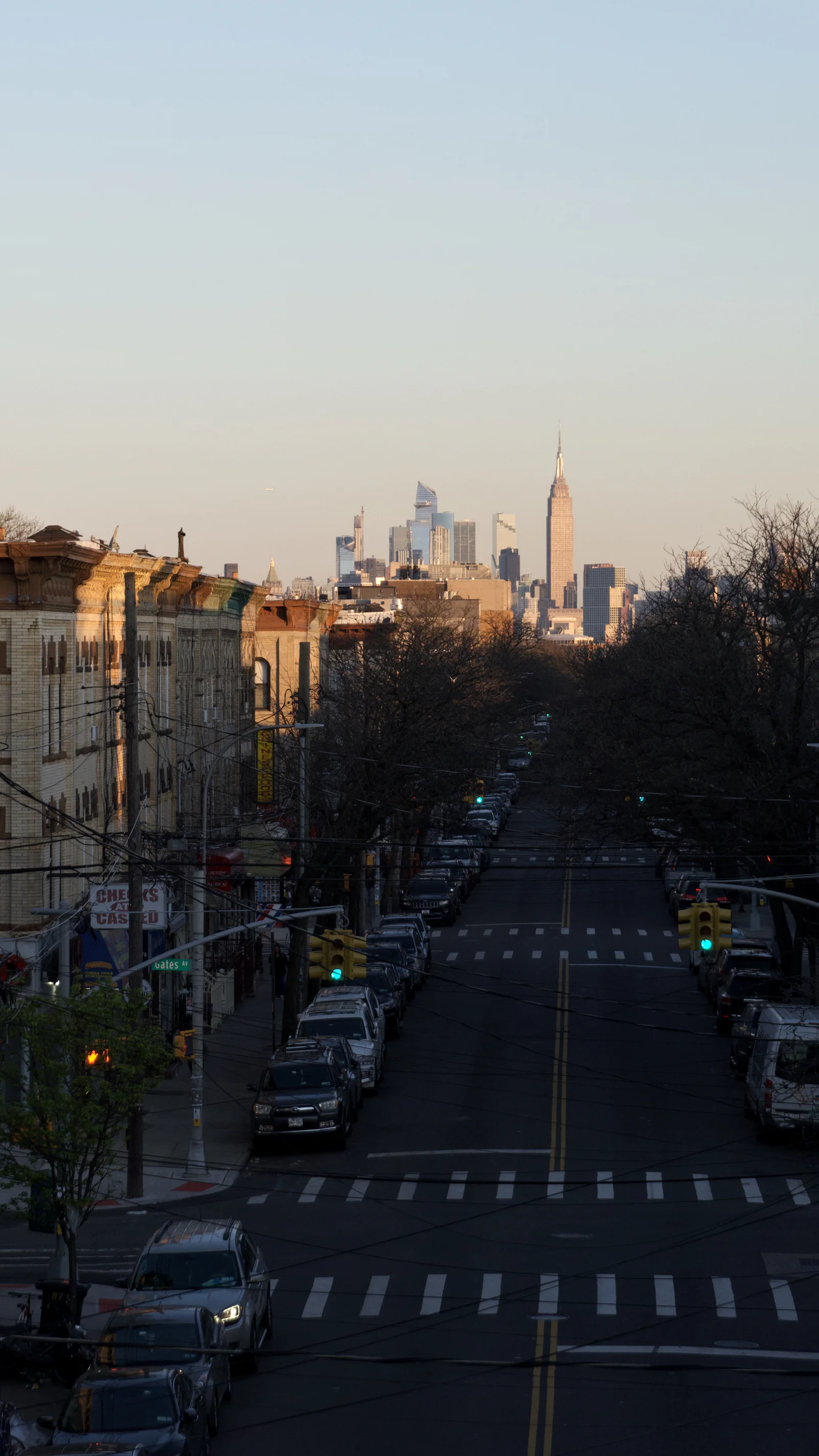 A tree-lined Brooklyn street at sunset